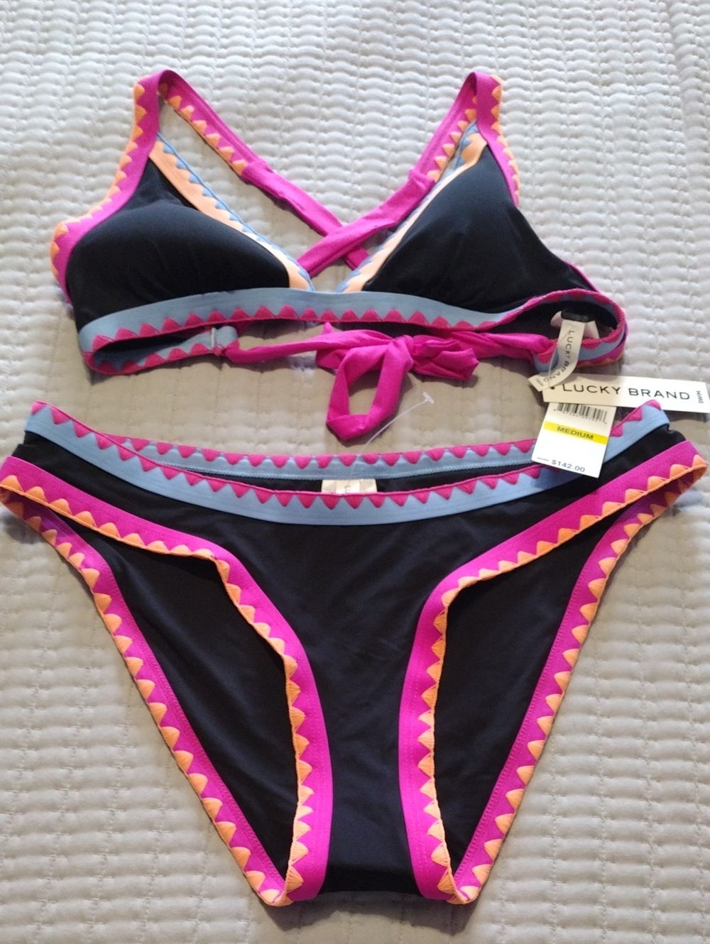 Lucky Brand Black Bikini Set with Pink, Orange and Light Blue Trim